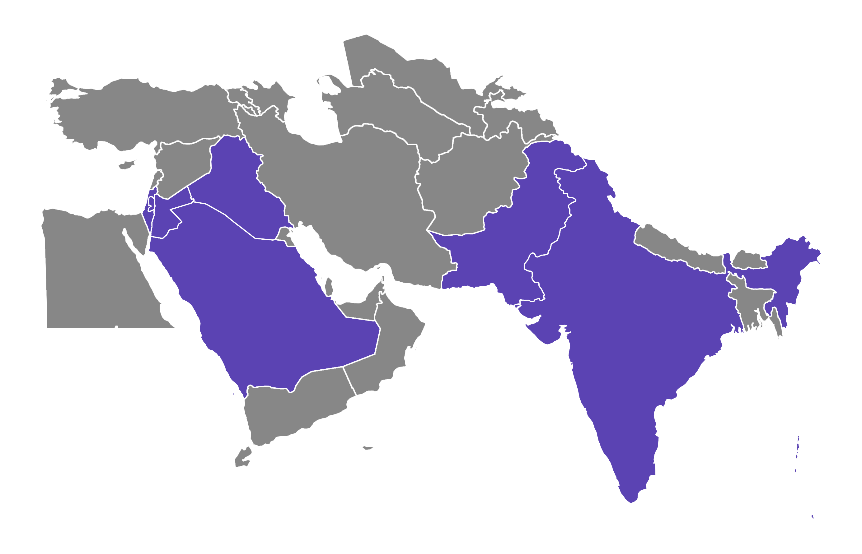 Kaart van het Midden-Oosten met de landen waar wij reizen voor aanbieden: Saudi-Arabie, Israel, Jordanie, Iran, Irak, Pakistan, en India.